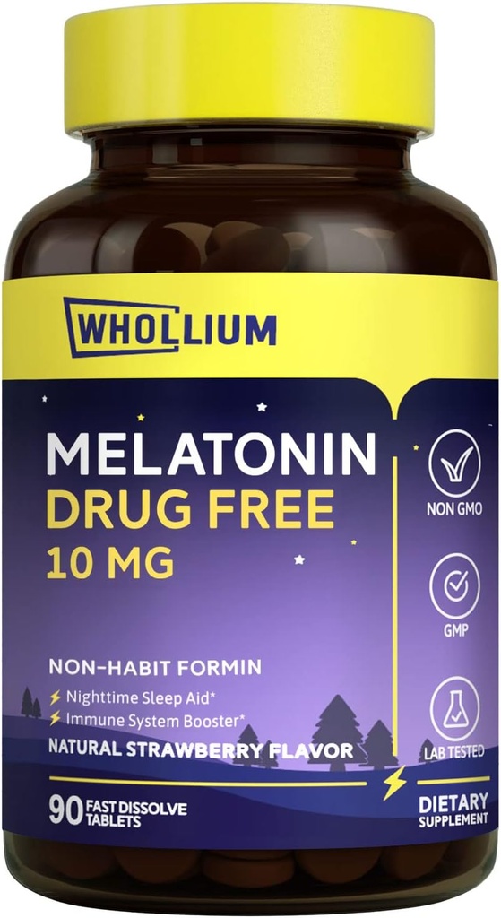 Melatonin 10 mg, naravna jagodna aroma, enostavno melirana, nočni počitek, um mir, 90 zavihkov