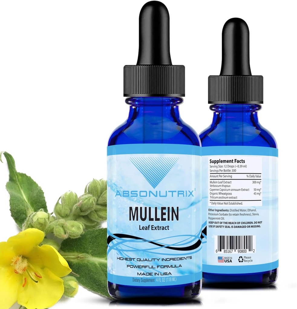 Absonutrix Mullein 300 mg, 4 Oz Liquid, 300 Serving, Izdelano v ZDA, Hitra absorpcija, Kakovost Močne sestavine, Ne-GMO, GMP Certified Facility, Cruelty-free Izdelki