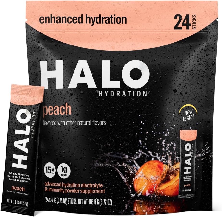 Halo Hidracija Elektrolitni paketi v prahu – Breskvica - 24 Serving (5g vsak) - Organski hidracijski napitek z nizko vsebnostjo sladkorja + esencialni vitamini + minerali - Vegan