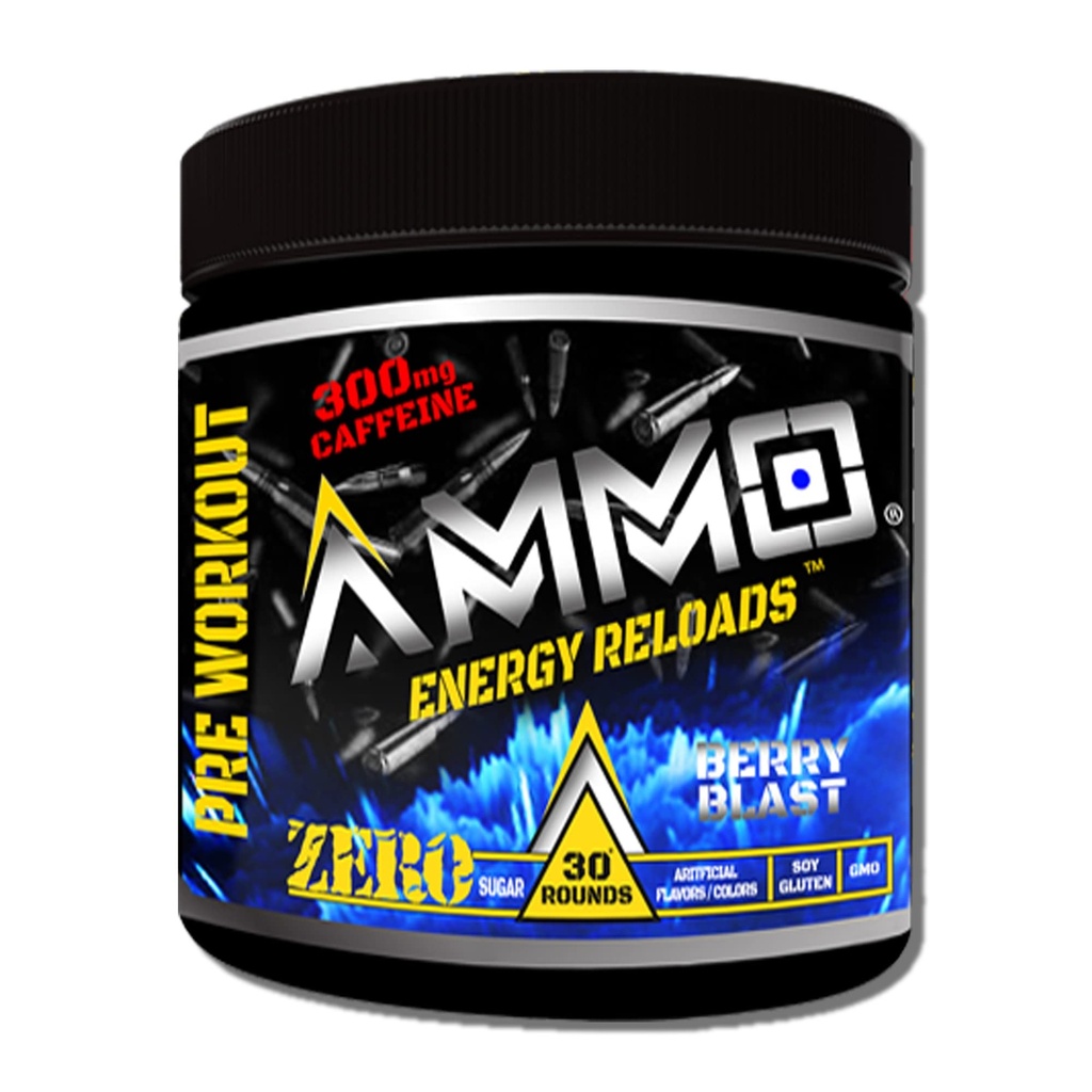 AMMO ® Energy ReloadsTM Pre Workout Powder - 300mg kofein Zero Sugar Vital Aminos in elektroliti Brez umetnih arom ali barv (Berry Blast)