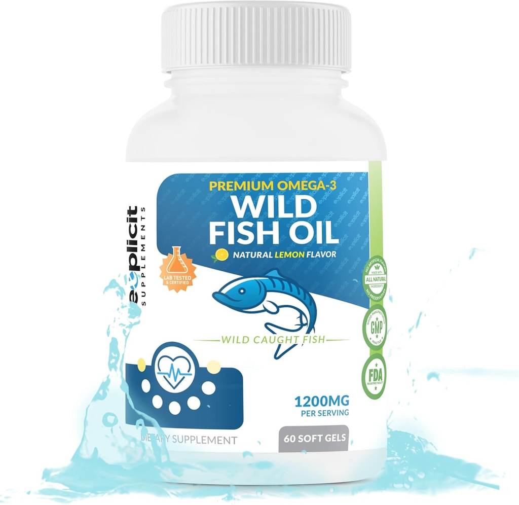 Olje divjih rib Omega 3 - EPA/DHA - brezbrušeno, z limono aromo ne-GMO, Gluten & Soy Free – 1200 mg na postrežbo, 60 Serving, 60 kapsul