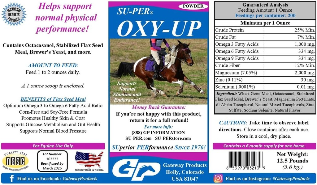 SU-PER Oxy-Up Performance Horse Supplement - Podpira normalno Stamina in vzdržljivost - Izvleček žitnih kalčkov, B-kompleks vitamini, magnezij - 12,5 funt, 6 mesecev dobave