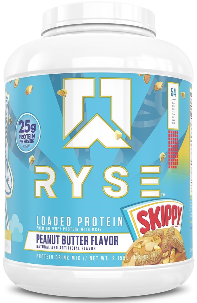 RYSE naložen Beljakovinski prah - Peanut Butter - 25g izolat sirotkinih beljakovin in koncentrat s prebiotičnimi vlakni in MCT - Nizki ogljikovi hidrati, nizek sladkor, prebavni - 54 Serving / 4 lb Tub