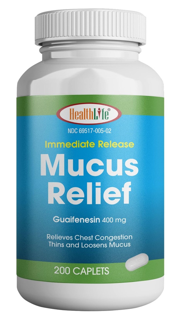 ZDRAVJE LFE Mucus Relief Guaifenesin Caplets 400 mg, Takojšnja sprostitev hitro delujoče pričakovanje, tanek in Loosens Mucus, Relieves Chest Congestion, kašelj, hladno in gripo (srednje, 200 grof)