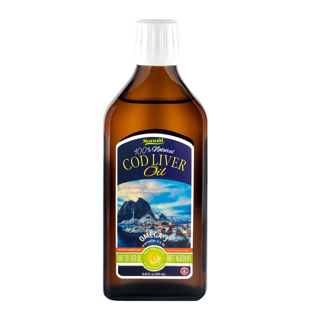 Sanniti 100% naravno olje jeter trske, 1081 mg skupne omega-3 maščobne kisline, divje nordijske, 250 ml (8,4 oz) (nearomatizirane)