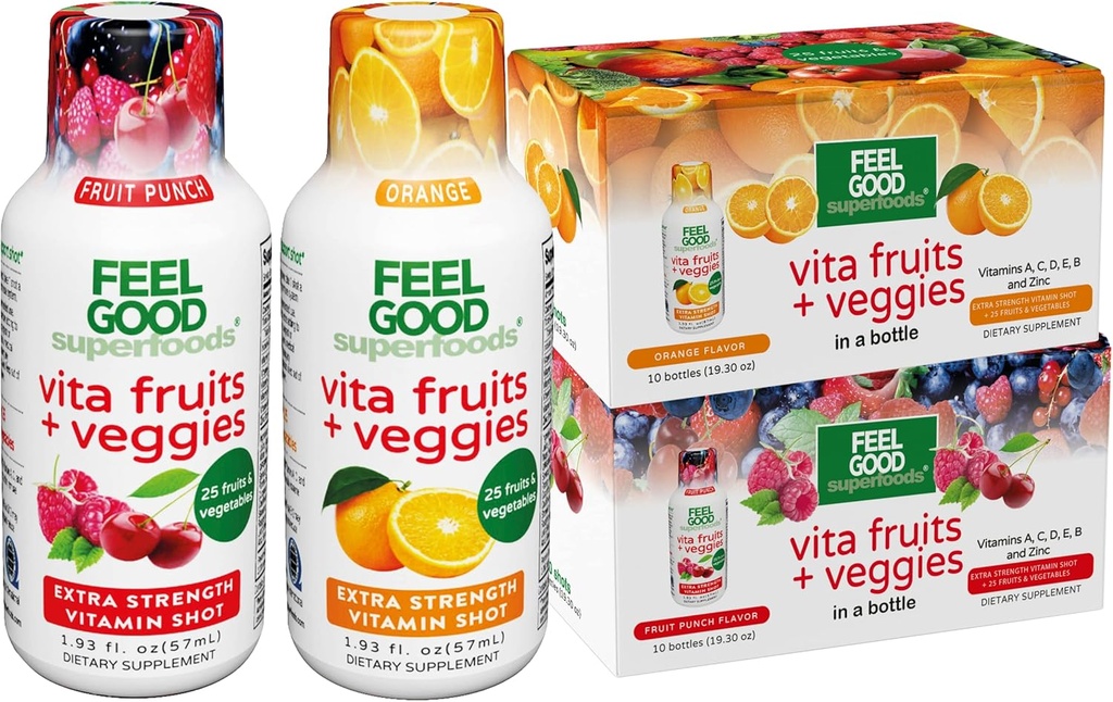 FeelGood Superfoods Vita Sadje in zelenjavo Imunska podpora Shot dodatki, 25 Organski sadeži in Zelenjava, Pripravljen za pitje Poživitelj imunitete, 10 Orange in 10 Sadni Punch Flavor, Combo Pack po 20