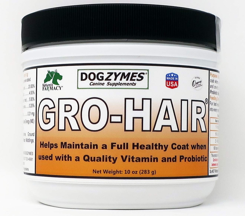 Dogzymes GRO-Hair za dolžino plašča ali perja, hitro rast plašča ali ko redko plašč in/ali Bald Spots morajo izpolniti.