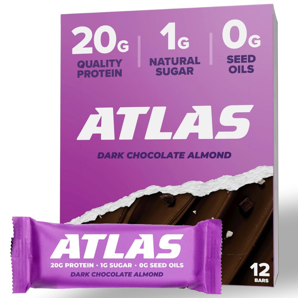 Atlas Bar – 20g beljakovine, 1g sladkor, 0g olja semen, 0g umetna sladila (temna čokolada mandljev, 12 števk)