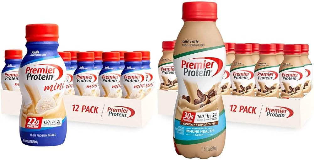 Premier Protein Shake MINI Vanilla 22g Protein 120 Kalorije Pakiranje 12 & Café Latte 30g Protein 160 Kalorije Nutrienti za imunozdravje Pakiranje 12