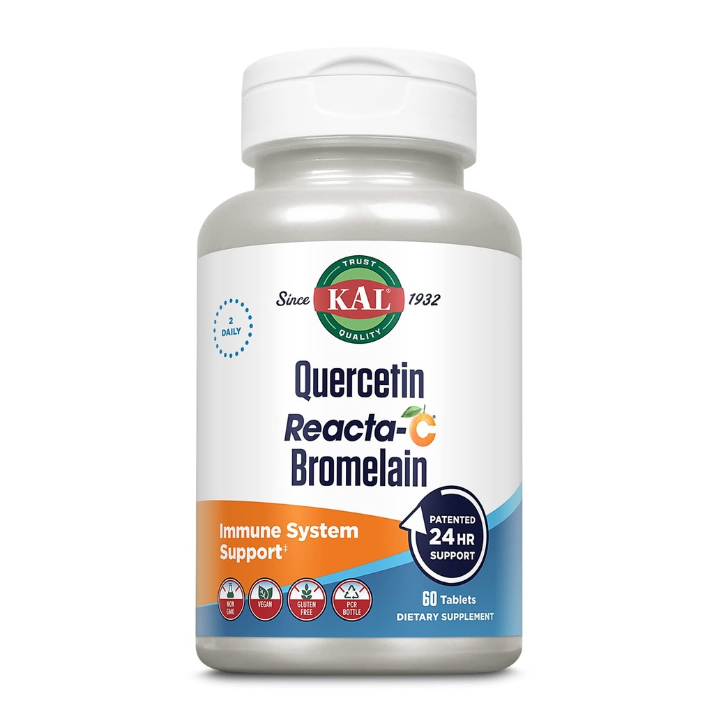 KAL Quercetin Reacta-C Bromelain Imunska podpora dodatek, 24 ura Imunska obramba z bioflavonoidi, Vitamin C 1000mg in Quercetin 500mg, Vegan, Gluten brezplačno, 60-dnevno garancijo, 30 Serv, 60 tablet