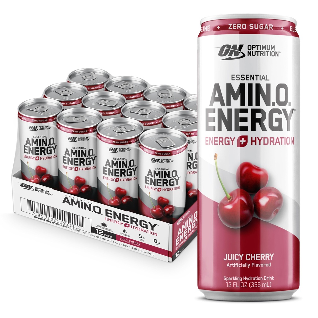Optimum Nutrition Amino Energy Sparkling Hydration Drink, Elektroliti, Kofein, Aminokisline, BCAA, Brez sladkorja, Juicy Cherry, 12 Fl Oz, 12 Pack (Packageing May Vary)