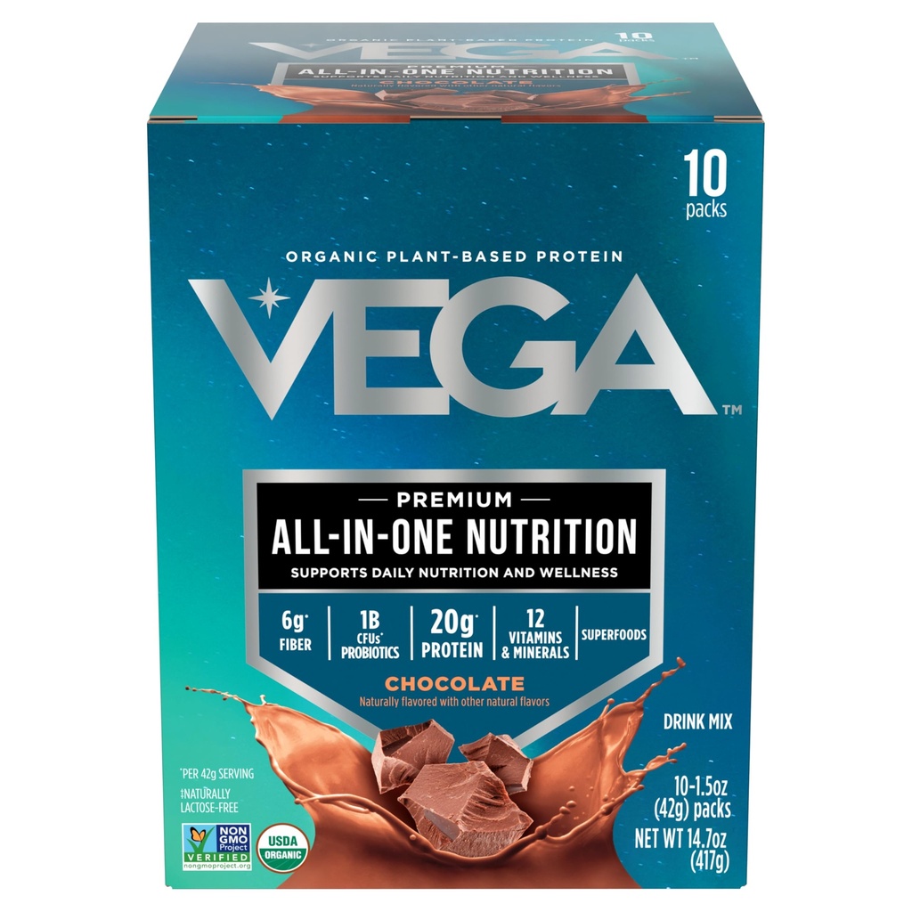 Vega Organic All-in-One Vegan Protein Powder, Čokolada - Superfood sestavine, Vitamini za Immunitete Podpora, Keto prijazno, Pea Protein za ženske in moške, 14.7 oz (Packaging May Vary)