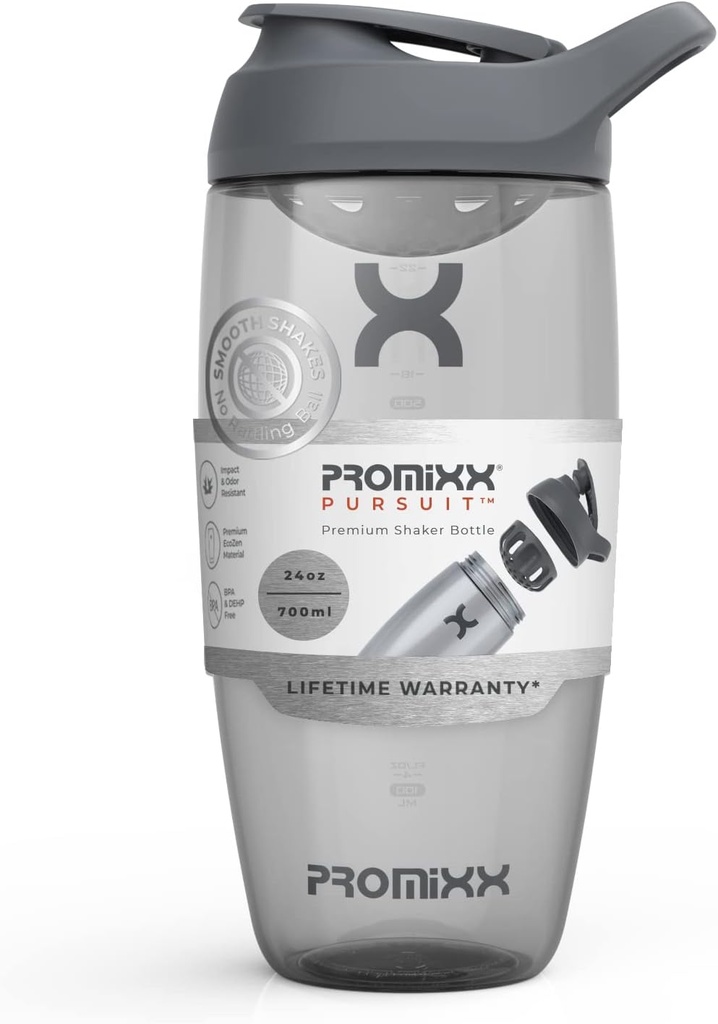 Promix Pursit Protein Shaker Steklenica (24 oz) – Tihi brez-Ball mešalnik, Leak-Proof Lid, BPA/BPS & Phthalate-free ECOZEN – Easy-Clean Shaker Cup za stresanje beljakovin, Pre & Post-workout napitki