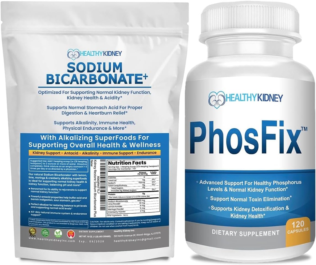 Organski natrijev bikarbonat Alkalna dopolnila: 1LB prašek za alkaliniteto, podpora ledvicam in kislini + PhosFix 120 tablete fosforjev binder za zdrave ravni fosforja in zdravje ledvic