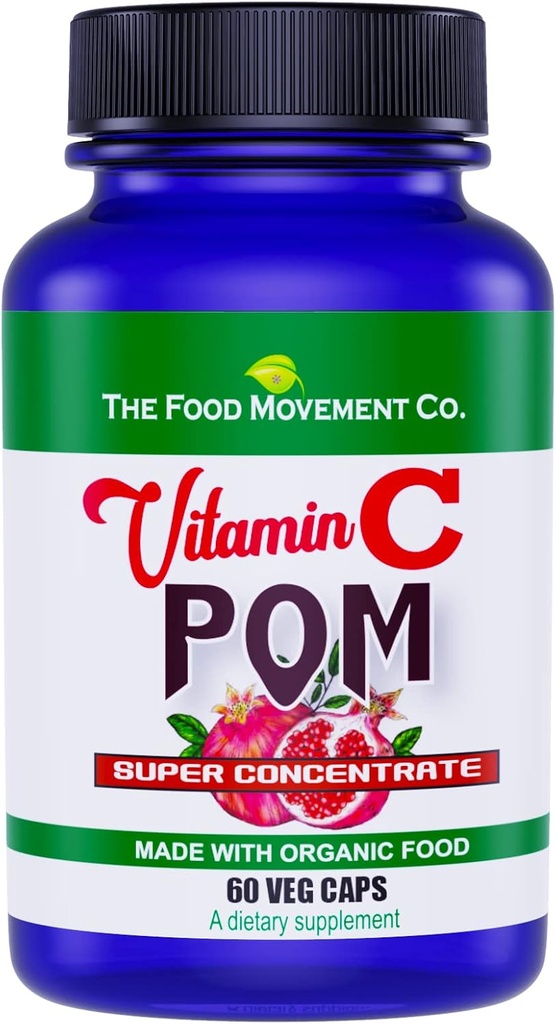 Food Movement Vitamin C Pom - Pomegranate superživilski koncentrat v kombinaciji s 100% rastlinskim vitaminom C iz organskih Acerola Cherry in Camu Camu- Vegan - Gluten Free - 60 kapsul
