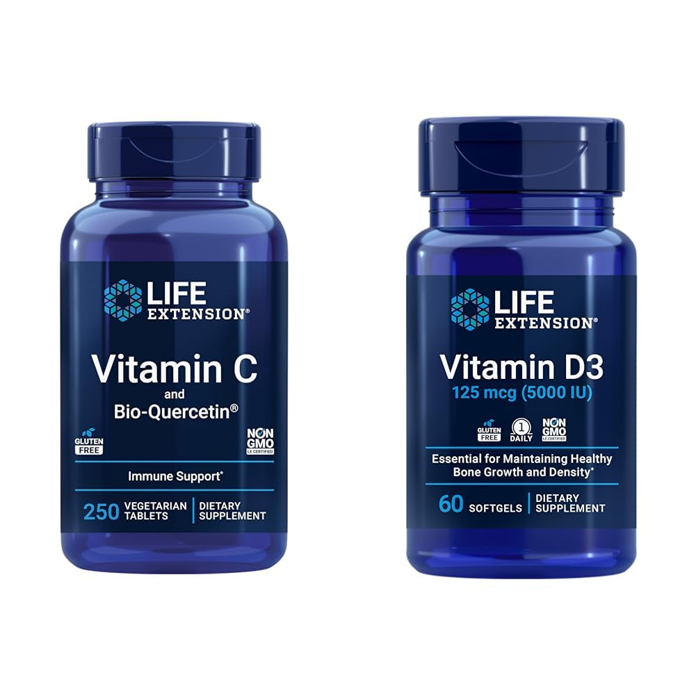 Life Extension Vitamin C & Quercetin Plus Vitamin D3 5000 i.e. - 250 tablet Vitamin C Imunska podpora Plus 60 Vitamin D3 Mehkužci za kosti, možgane in imuno zdravje