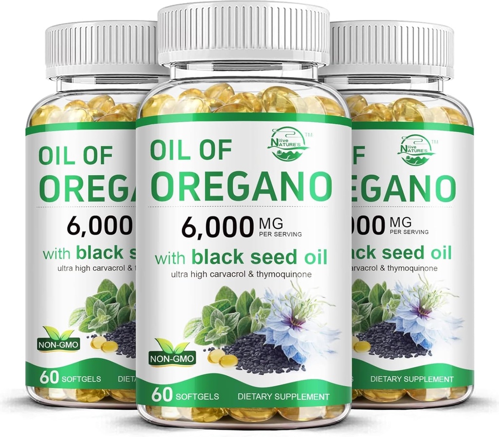 Naravo živo olje Origano s črnim oljem, 2 v 1 Origano dopolnilo za imuno zdravje, ohranja visoko koncentriran Carvacrol & Thymokinon, Non-GMO, 3 Pack