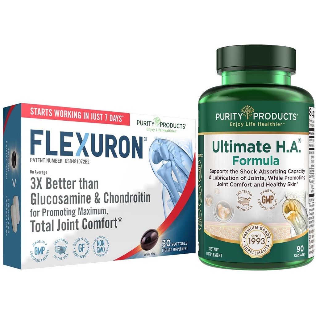 Izdelki čistosti Flexuron Joint Formula + Ultimate HA Flexuron (Krill olje, nizkomolekularna masa hialuronska kislina, astaksantin) - Ultimate H.A. (BioCell Collagen, Quercetin, hialuronska kislina + več)