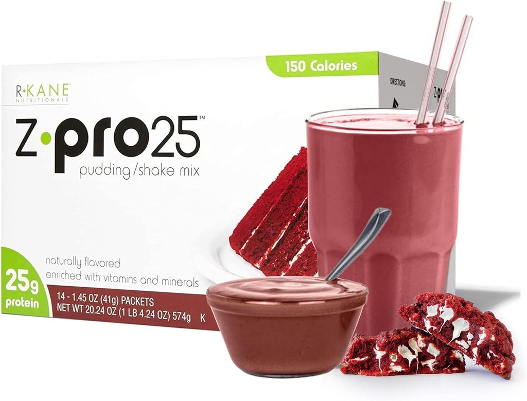 R-Kane Nutritionals Z-Pro Red Velvet Protein Drink Mix - visoke beljakovine, nizko kalorično nizko maščobno tresenje in puding Mix - obrok zamenjava, on-the-Go Packets - Breakfast Boost - 25g Beljakovine - 14 Paketov