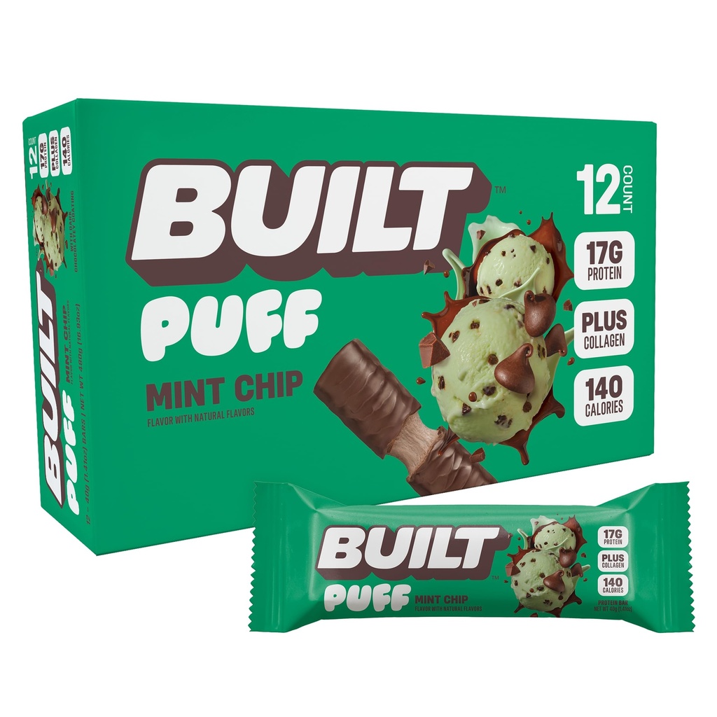 Zgrajena bar, Puff Protein Bars, Mint Chip Puff, 17g prigrizki beljakovin, On-The-Go Bars, samo 140 kalorij, 6g sladkor, Colagen, Gluten Free, 12 Število
