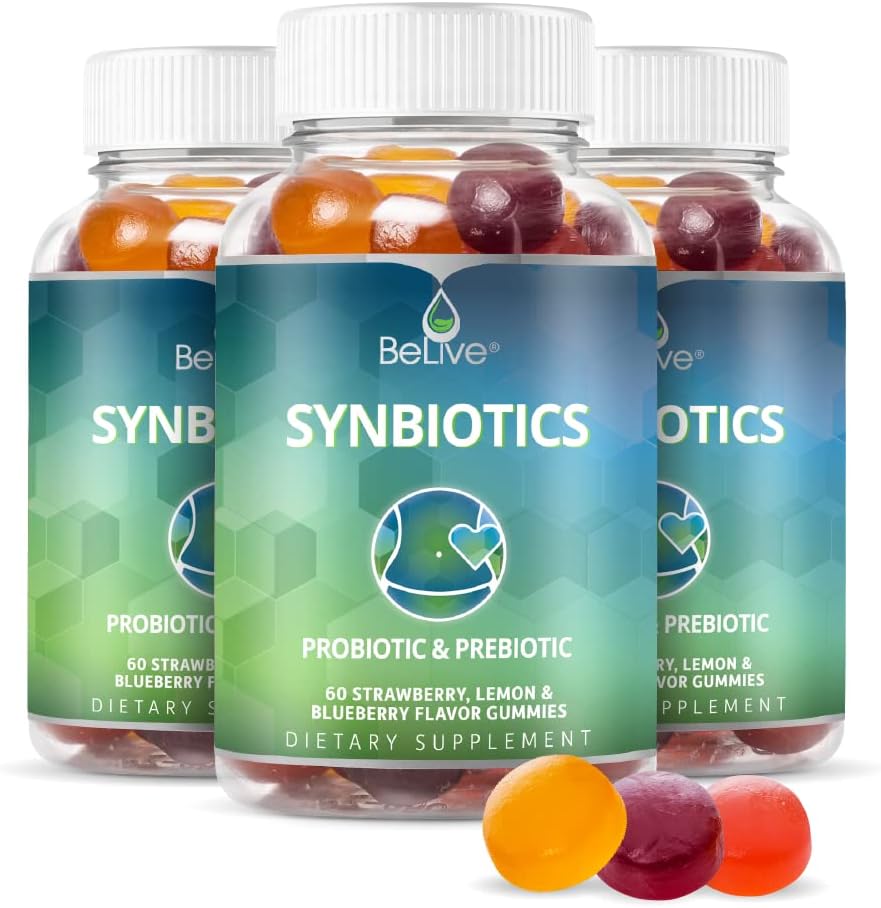BeLive Symbiotics - Probiotic & Prebiotic Fiber Gumies – Inulin visoke moči (3g), Dietary Fiber dopolnilo, Prebavna podpora za otroke in odrasle - Jagoda, Lemon, borovničev okus 