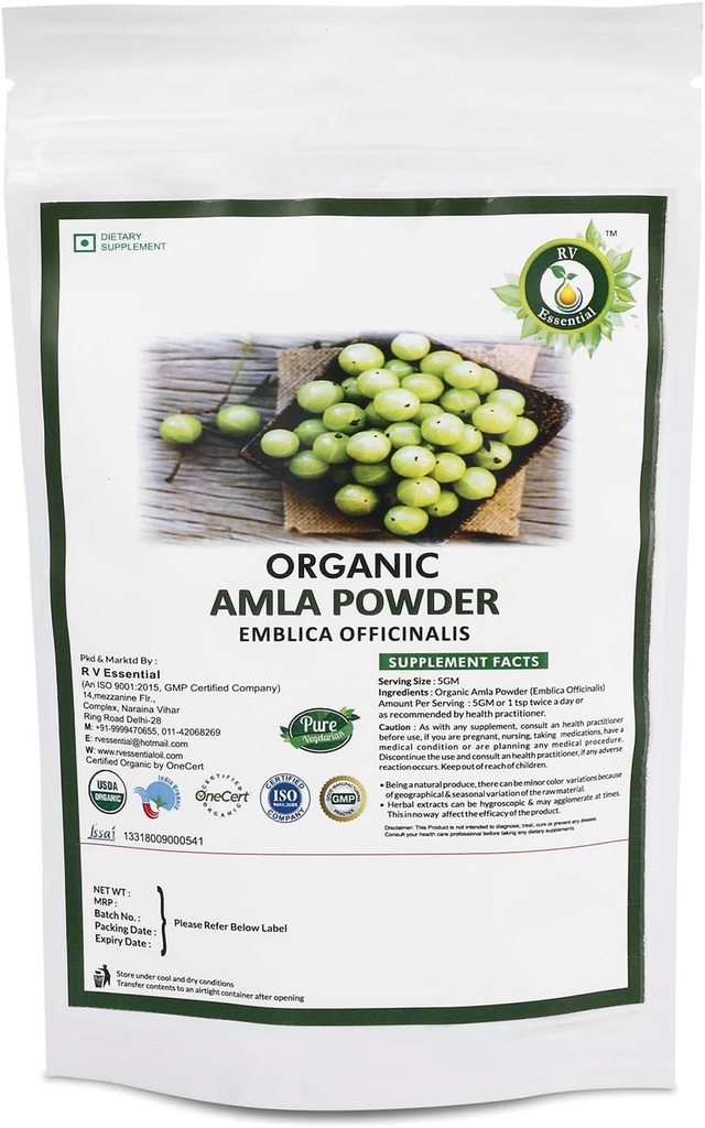 R V Essential Organic Amla Powder 100gm/ 3.53oz/ 0. 22lb- Emblica Officinalis Amla Sadni prašek za lase USDA Organic Certified Ayurvedic Zeliščni dodatek v Reseable and Reavable Zip Lock Pouch
