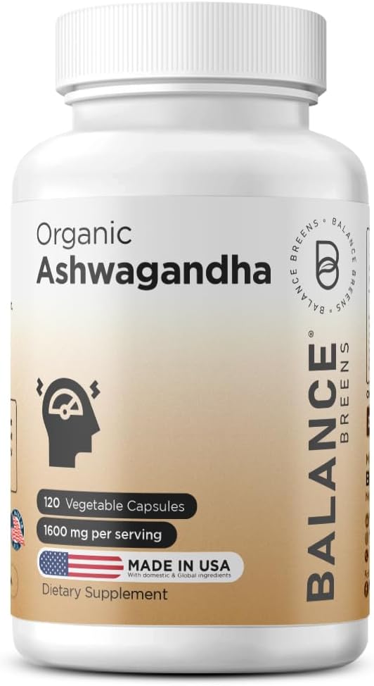 Certified Organic Ashwagandha 1600mg, 120 Veg kapsule - podpira spanje in uravnotežene ravni energije (120 Število (Pack of 1))