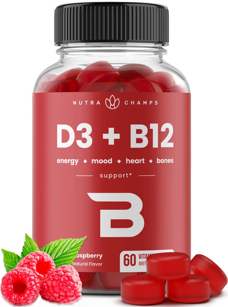 NutraChamps Vitamin D3 & B12, Metil B12 Gummies za odrasle in otroke, Okrepljen z vitaminom D 3 & B9 Vitamin Folat, Naravna energija, Mood, Presnova & Fokus, Raspberry, 60 Gummies