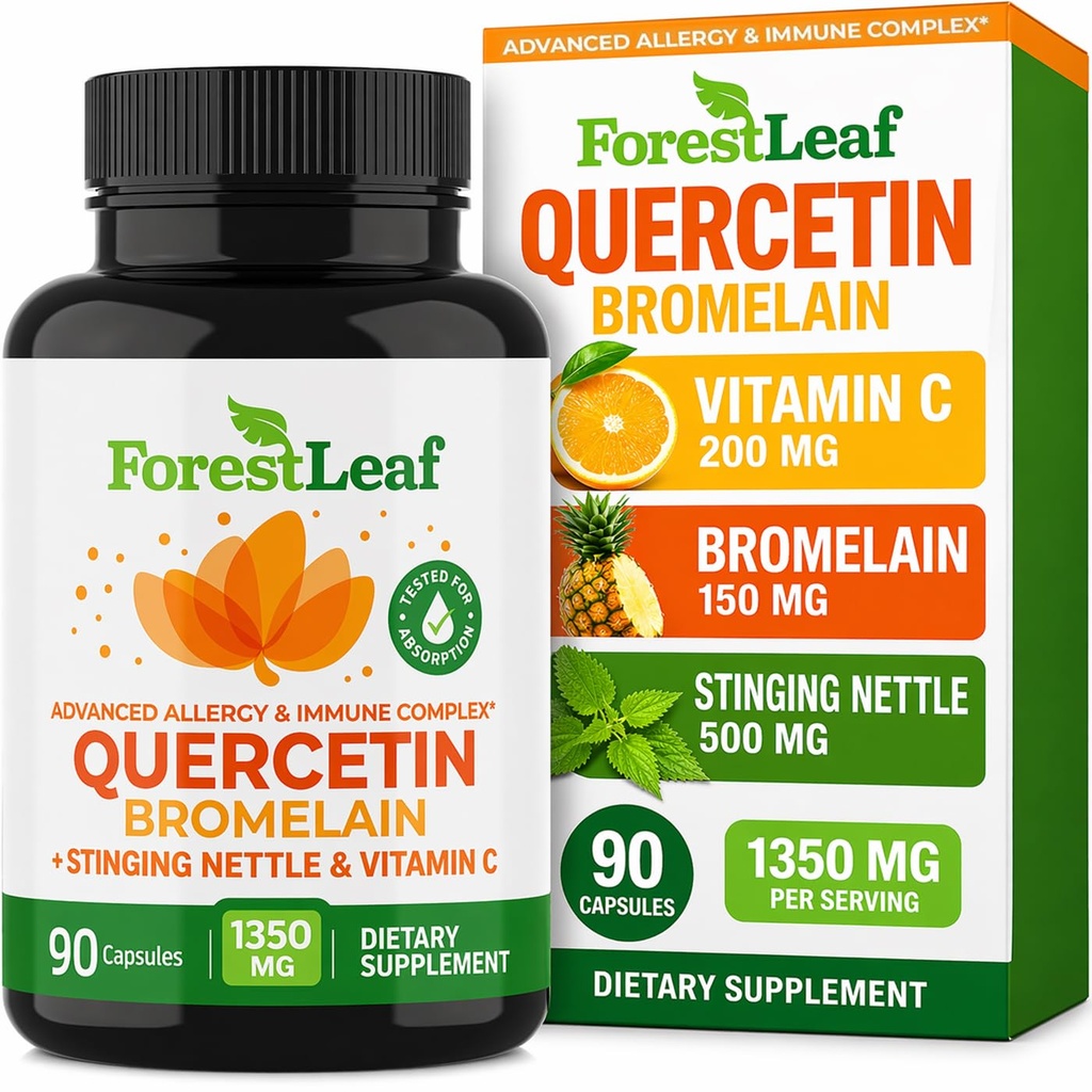 ForestLeaf Quercetin z bromelainom 1350mg - mešanica z vitaminom C & Stinging Nettle dopolnilo, Quercetin 500mg kapsule, brez glutena, naravno delovanje imunske in dihal, 90 Veggie Caps