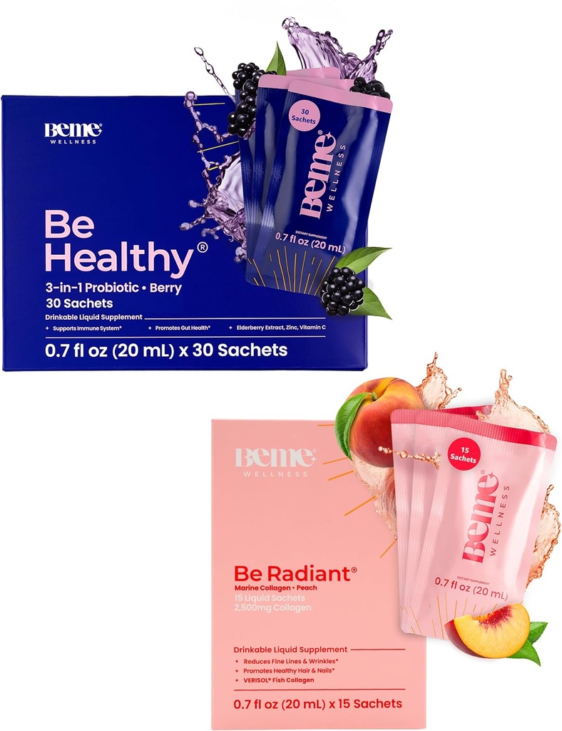 BeMe BeHealthy & BeRadiant Peach Bundle - tekoči probiotiki in tekoči kolagen pijače dopolnila