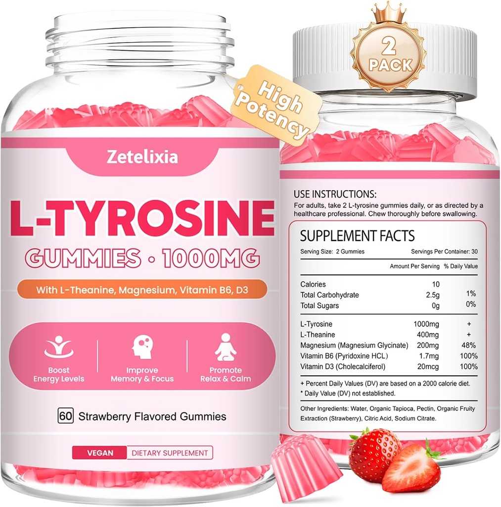 2 Pack L Tirozin Gumies, L-tirozin dopolnilo Gumies, L-teanine Gumies z vitaminom B6 D3, Fokus Gumies podpora spomin, energija, Mood za odrasle in otroke, Jagodna aroma, 120 Count