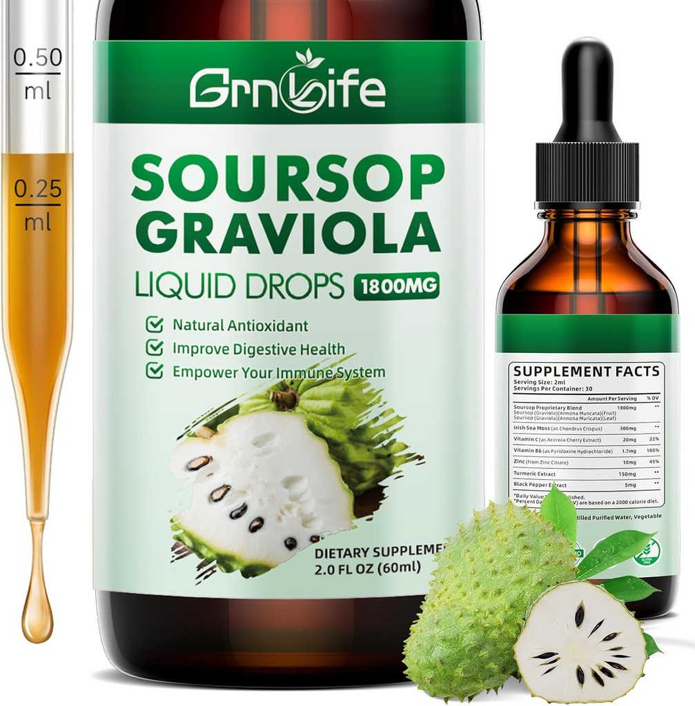 (1 pakiranje) Soursop Graviola Tekoča kapljica z morskim mahom in kurkuma, Soursop Bitters tekočine za podporo celic in regeneracijo, antioksidant in imunski, 2 Fl/Oz