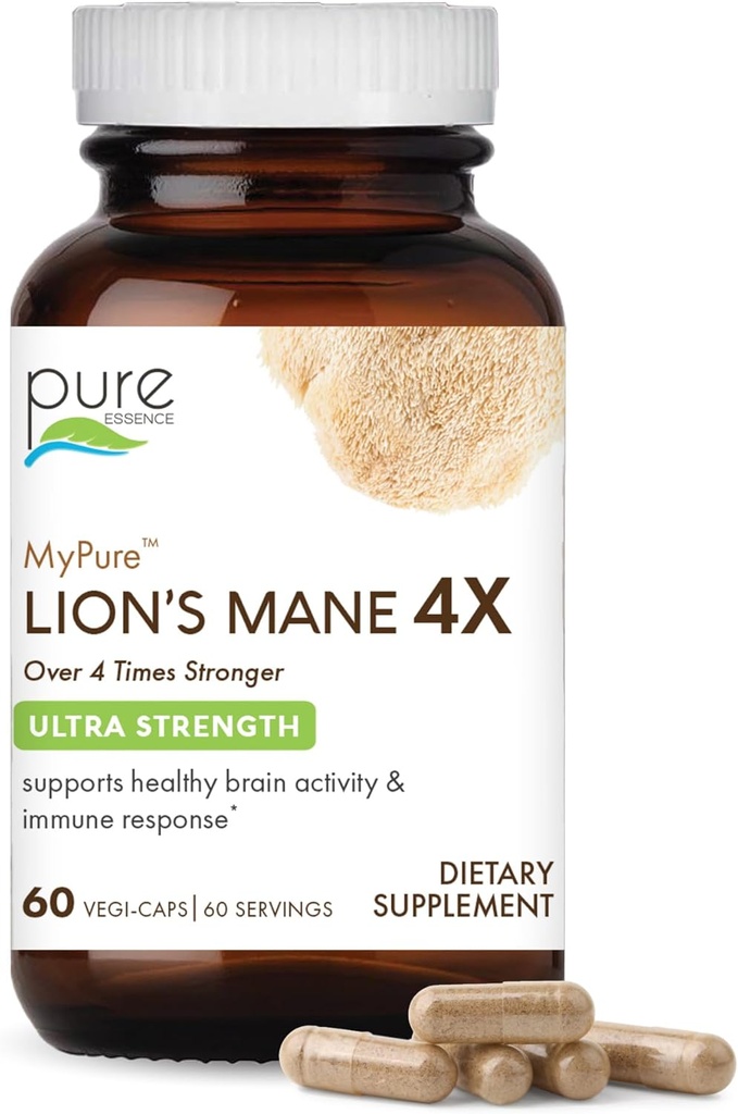 PURE ESSENCE LABS MyPure Lion's Mane 4X - Ultra Jakost podpora možganov dodatek s 6:1 Izvleček vroče vode & 10:1 Izvleček za kognitivno zdravje, fokus, spomin in mentalno jasnost, 60 kapsul