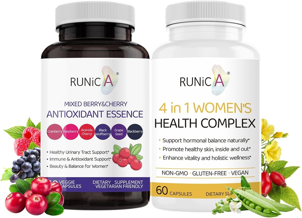 Ženski Wellness Duo - 4-v-1 Health Complex & Antioksidant dodatek za hormonsko ravnovesje, kožo in energijo, menopavzo in imunosupresivno podporno kapsulo