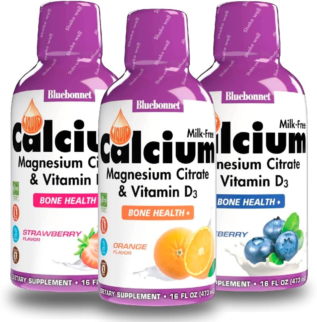 Bluebonnet Tekoči kalcijev citrat Magnezijev citrat, vitamin D3-Sklop pomaranče, borovnice in jagode aroma, 3 Steklenica 16 Fl Oz vsak (48 Fl Oz skupaj)