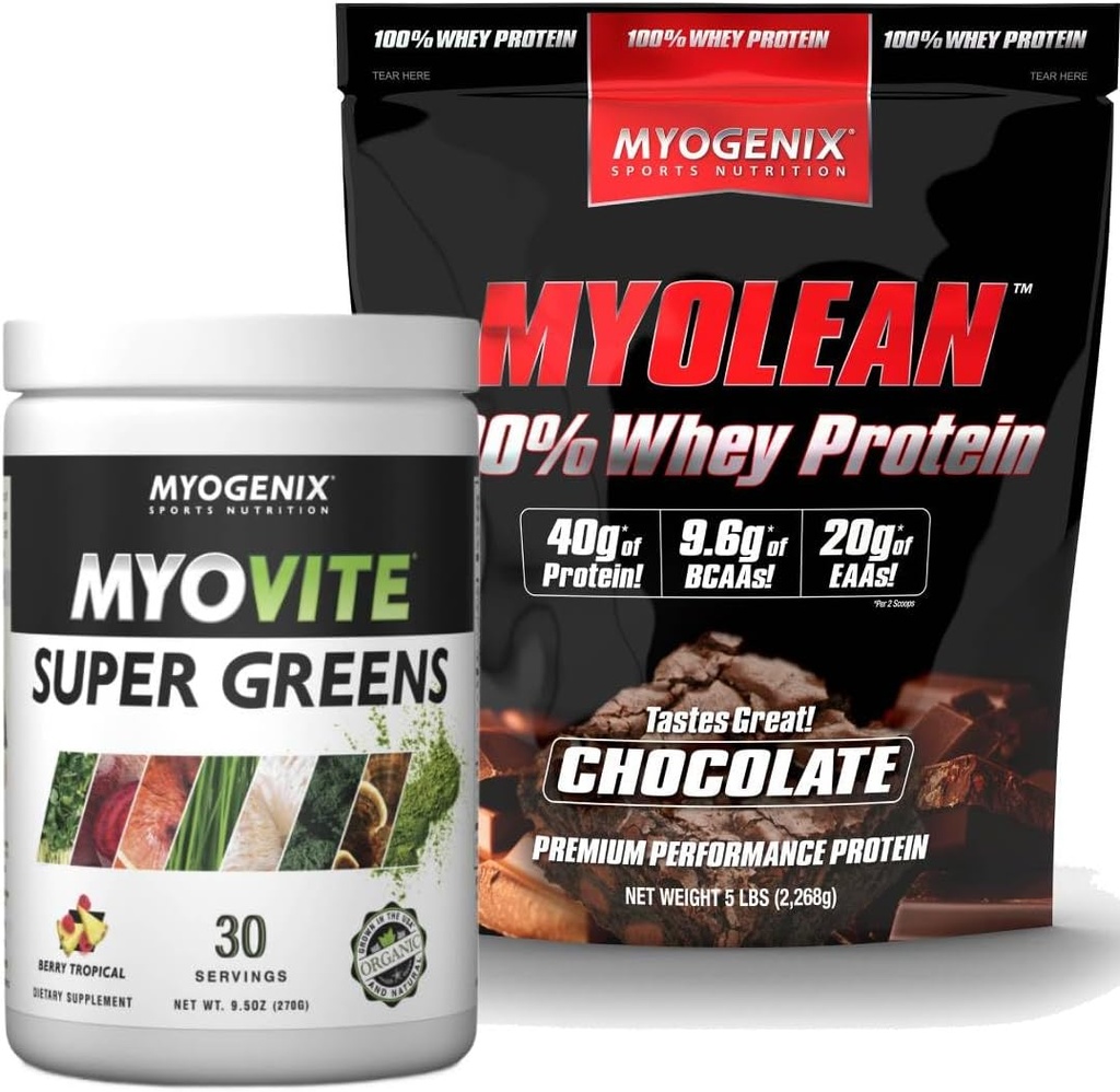 Myogenix Myovite Supergreens Powder & Myolean Chocolate Whey Protein Bundle – Digestion, Immunity & 40g High-Protein Whey – Podpora Gut zdravje, rast mišic in okrevanje
