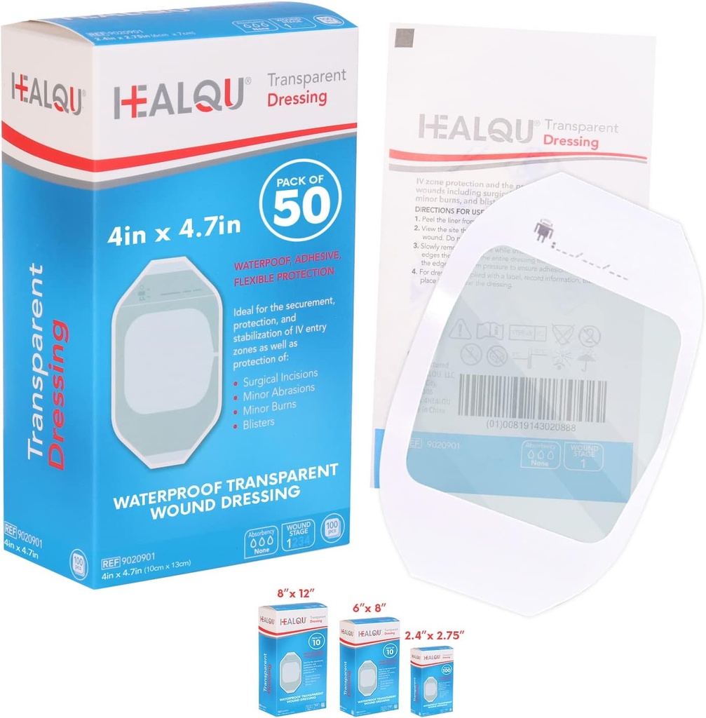 Transparentni film Oblačenje 4" x 4.75" (50 Pack) – Vodoodporni adhezivne rane Bandages za post-kirurški tuš, IV Shield, Tattoo Aftercare, Jasno dihanje obleko obliži s HEALQU