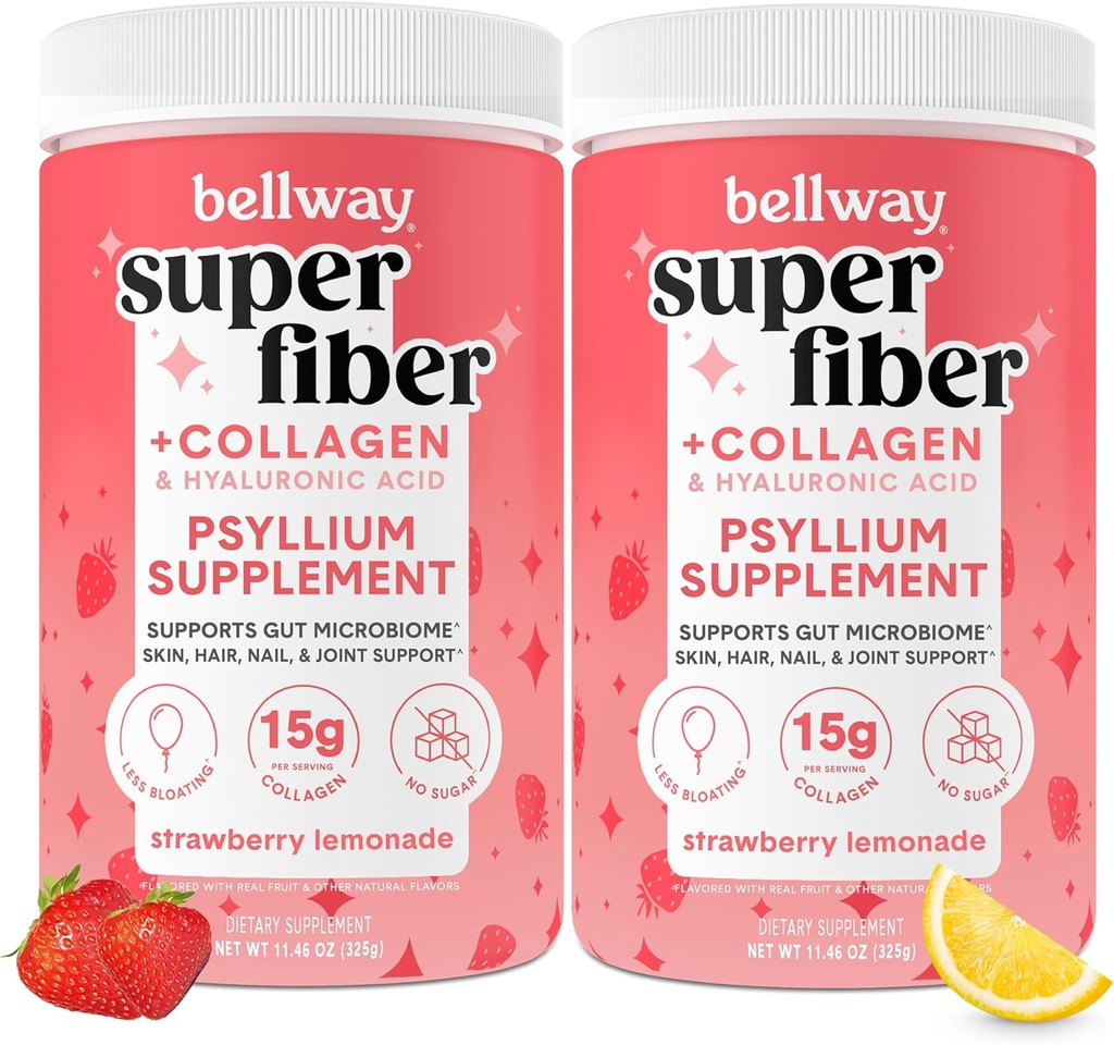 Bellway Super Fiber Powder + Collagen (2 paketa), brez sladkorja Psyllium Husk Powder s kolagen peptidi za zdravje črevesja, zdrave kože, nohti, kosti in sklepi, Jagodna limonada (22.92 oz)