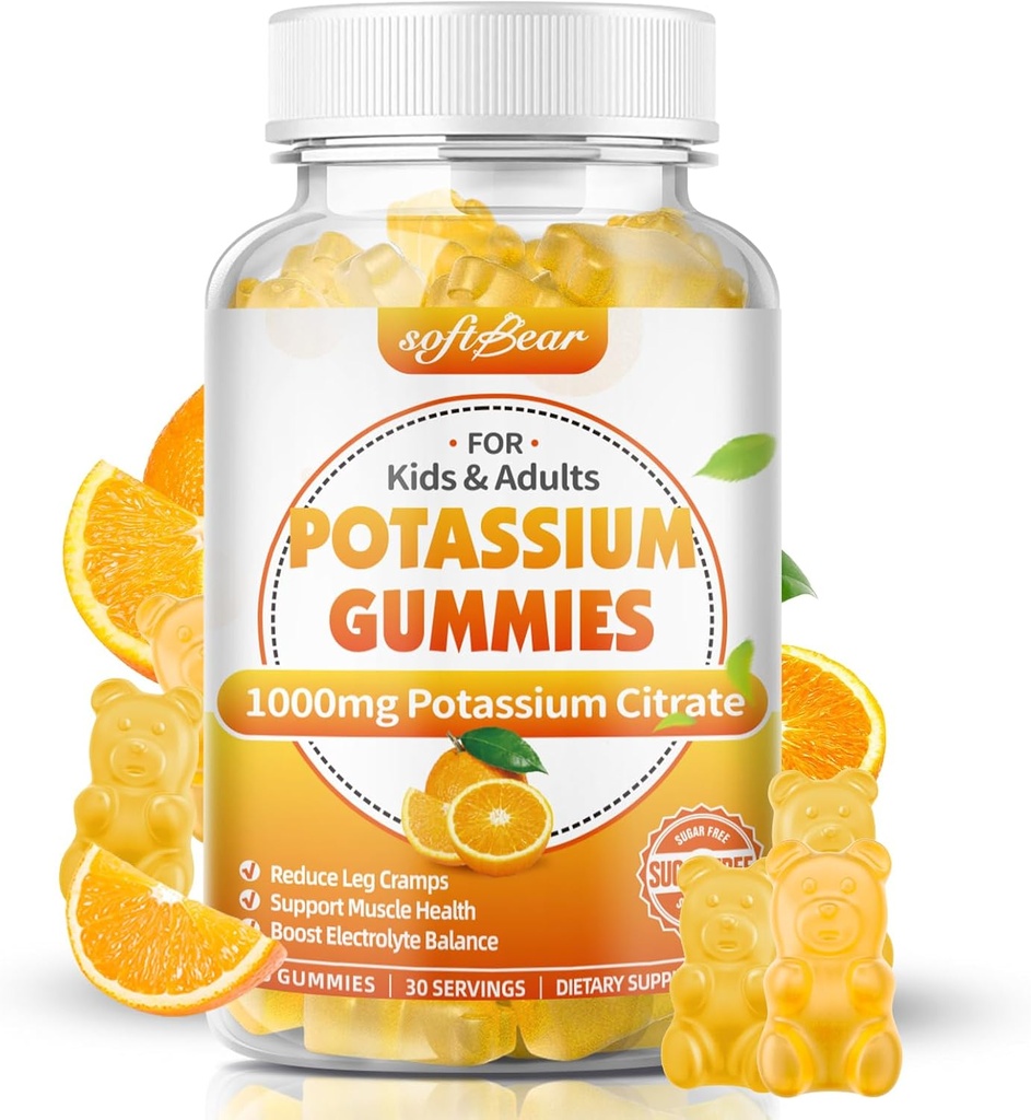 mehki medved Kalijev citrat 1000mg, brez sladkorja Kalijev Gumiji za odrasle Podpora noge Cramps & mišice zdravje visoka moč kalij dodatek Gumies oranžna aroma 60 število