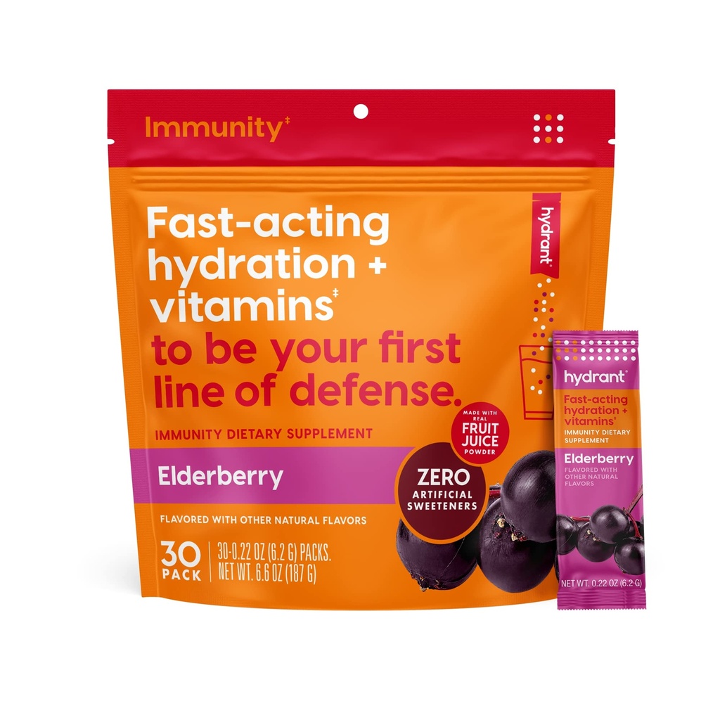 Hidrant - Immuniteta Elektrolit v prahu, Elderberry Flavor, 30 Instant Rehidracija Packs - Elektroitna mešanica z vitaminom C, vitaminom D in cinkom za imuno podporo