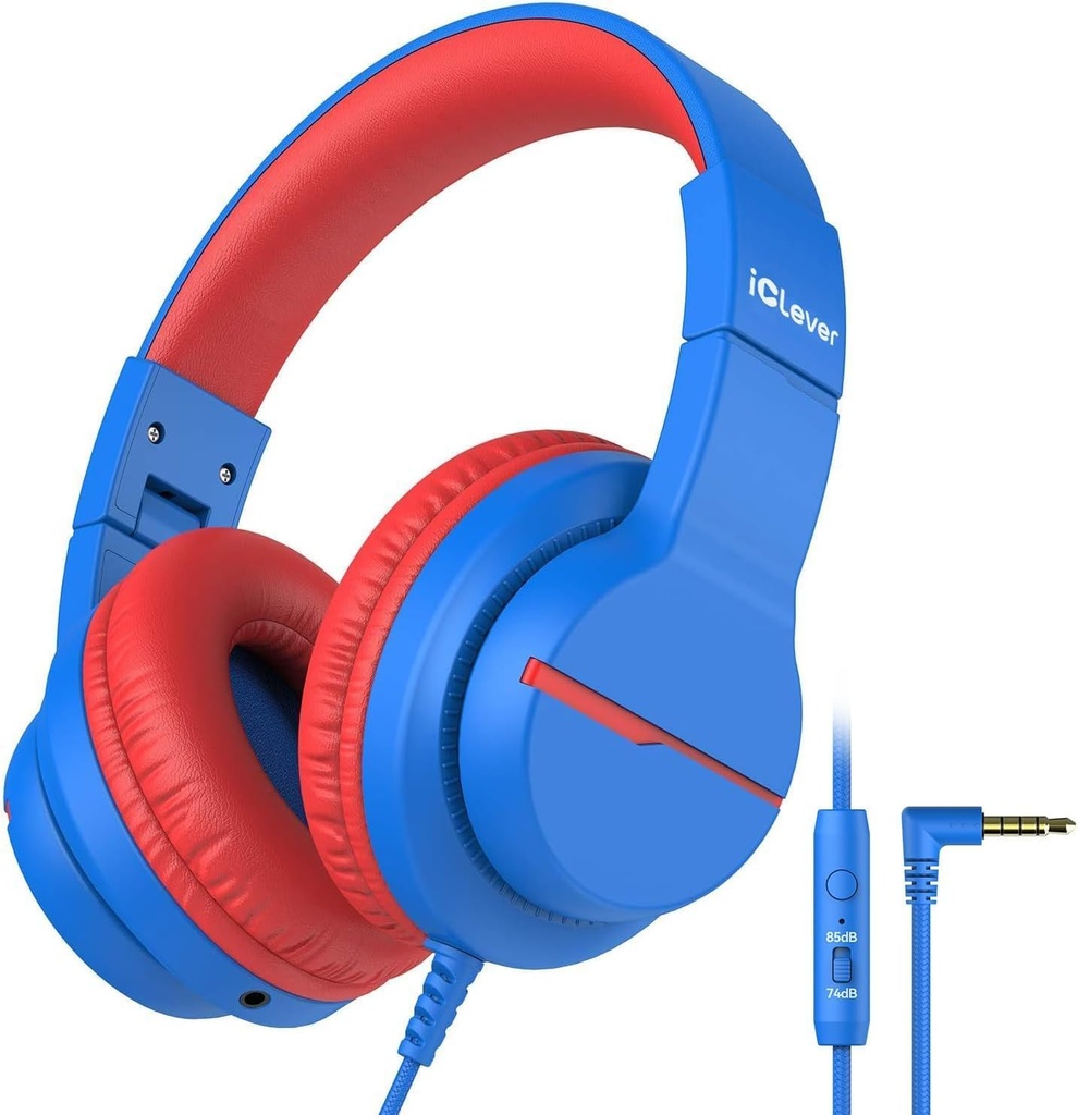 iClever Kids slušalke za šolske potovanja, Safe Volume Limited, HD Mic Stereo Sound Over-Ear Girls Boys slušalke za Kid, FunShare zložljiv 3,5mm Priključek za iPad Računalnik, HS19