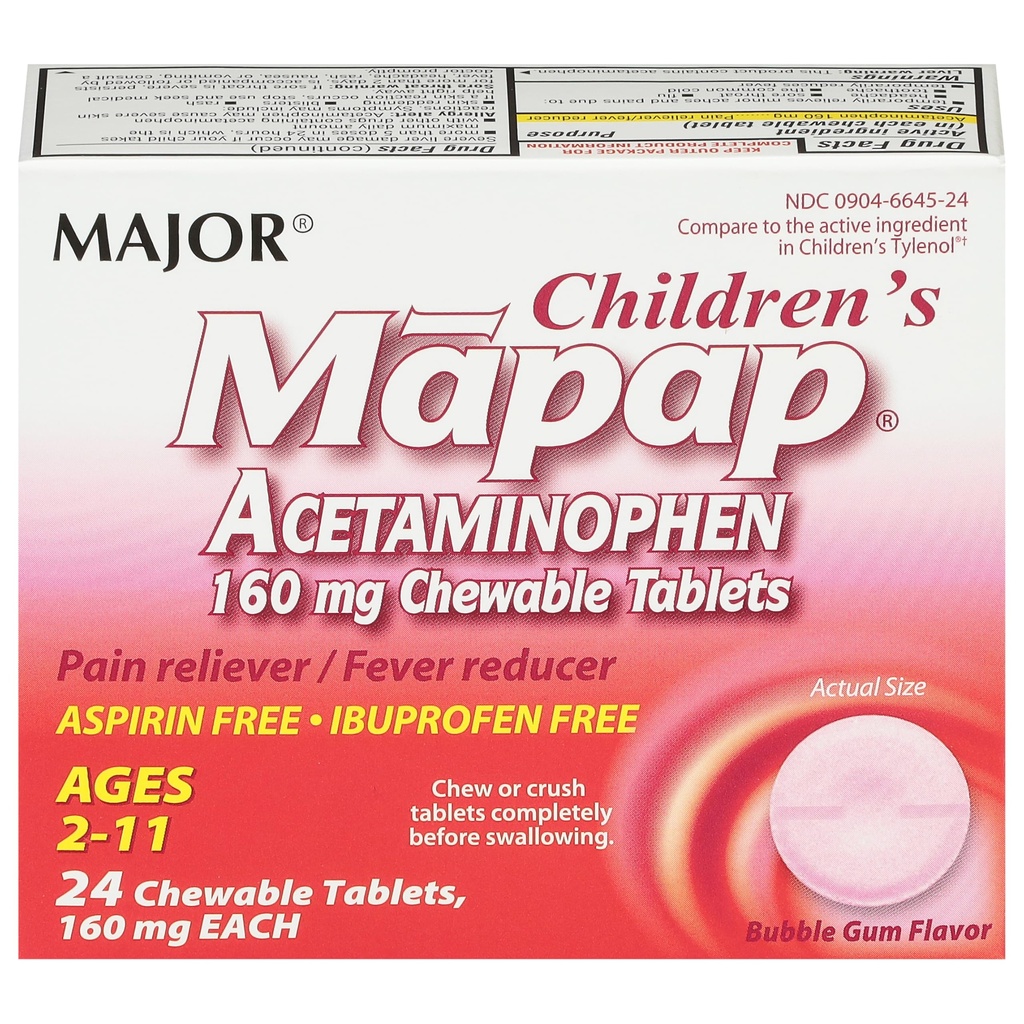 MAJOR Otroški Mapap Acetaphen 160 mg Žvečljive tablete - bolečine Reliever/Fever Reducer - Aspirin Free - Ibuprofen Prost - za starost od 2 do 11-24 Število (1 pakiranje)