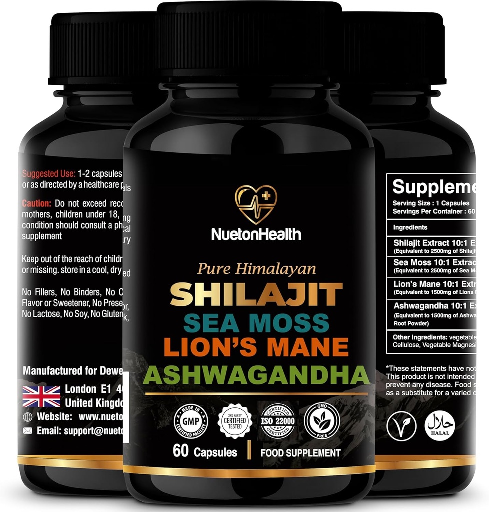 Shilajit, Sea Moss, Lion's Mane in Ashwagandha Kapsule - celovit vse-v-enem Wellness dodatek za um, telo in vitalnost - 60 veganskih kapsul