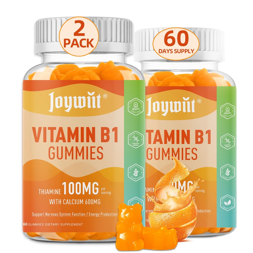 Vitamin B1 Gummies 100mg za odrasle in otroke, Tiamin B1 dodatek s 600mg kalcija, Živčevje podpira in krepi energijo, pomarančne arome, ne GSO, Vegan, 120 Žvečljivi gumiji