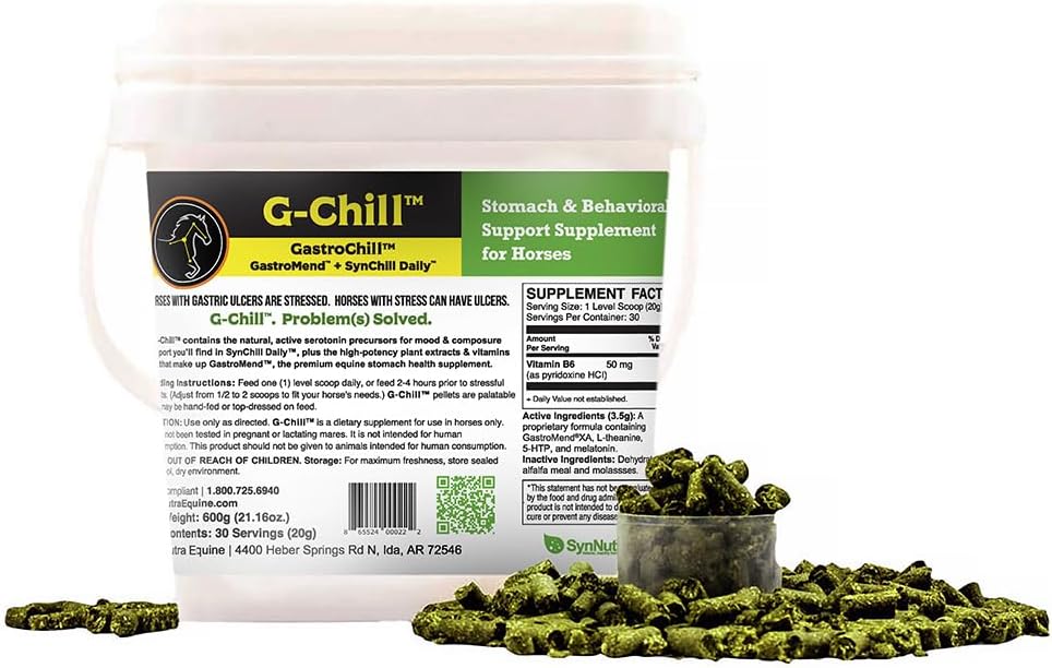 G-Chill vse-naravna digestivna zdravstvena podpora za konje - 30 obrokov - spodbuja Stomach & Hindgut zdravje, Aids in Gastric Ulcer Relief, izboljša Collagen & Fibronektin Proizvodnja za popravilo tkiva