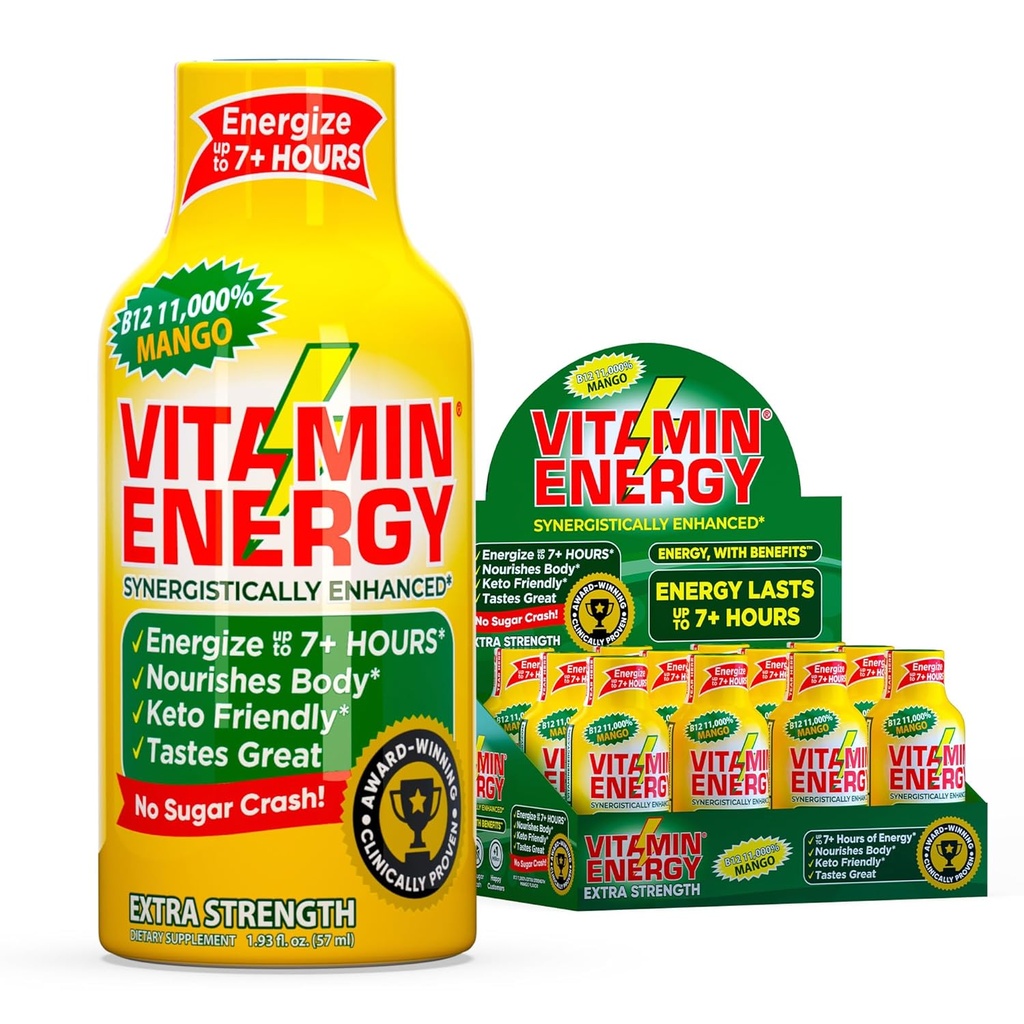 Vitamin Energija B12 11.000% Ekstra Energija Shot Mango 12 Pack, 260mg Naravni kofein, B12 & B6, Nootropni fokus, Vitalnost, Zero Sugar, Gluten-free, Vegan, Košir, 1,93 fl oz