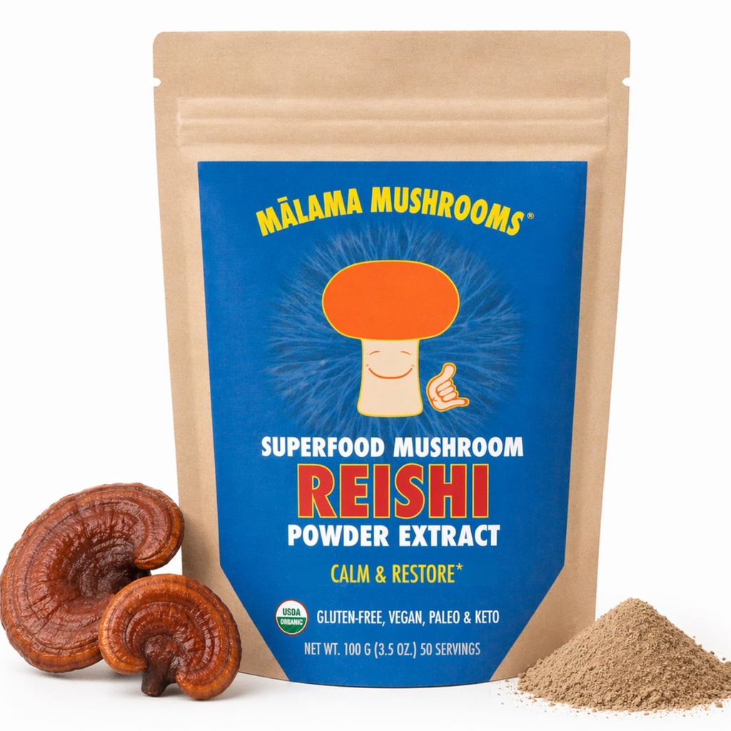 Malama Organic Reishi goba v prahu, Čisti sadni ekstrakt telesa, Adaptogena Superfood za imuno podporo in dobro počutje, 100 Serving