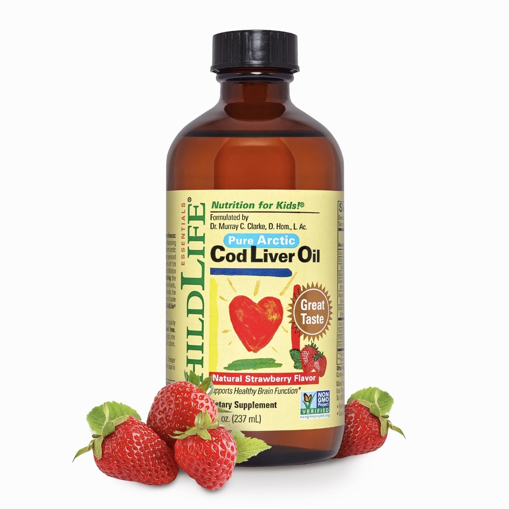 CHILDLIFE ESSENTIALS Cod Liver Oil for Kids - Kids Arctic Cod Liver Oil Liquid for Babies 6+ Months & Toddlers, Added DHA, EPA, Omega-3 Fatty Acids - Strawberry, 8 fl oz