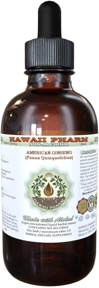 Ameriški ginseng brez alkohola tekoči ekstrakt, ginseng (Panax Quinquefolius) posušeno koren Glicerit Havaji Pharm naravni zeliščni dodatek 4 oz