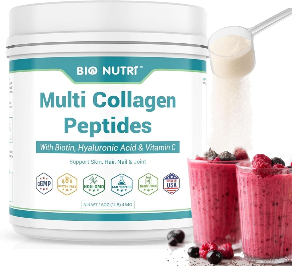 BIO NUTRI kolagen peptides v prahu večvrstni (I, II, III, V, X) z biotin & hialuronsko kislino za lase, kožo, nohte in sklepe, brez arome, 16oz